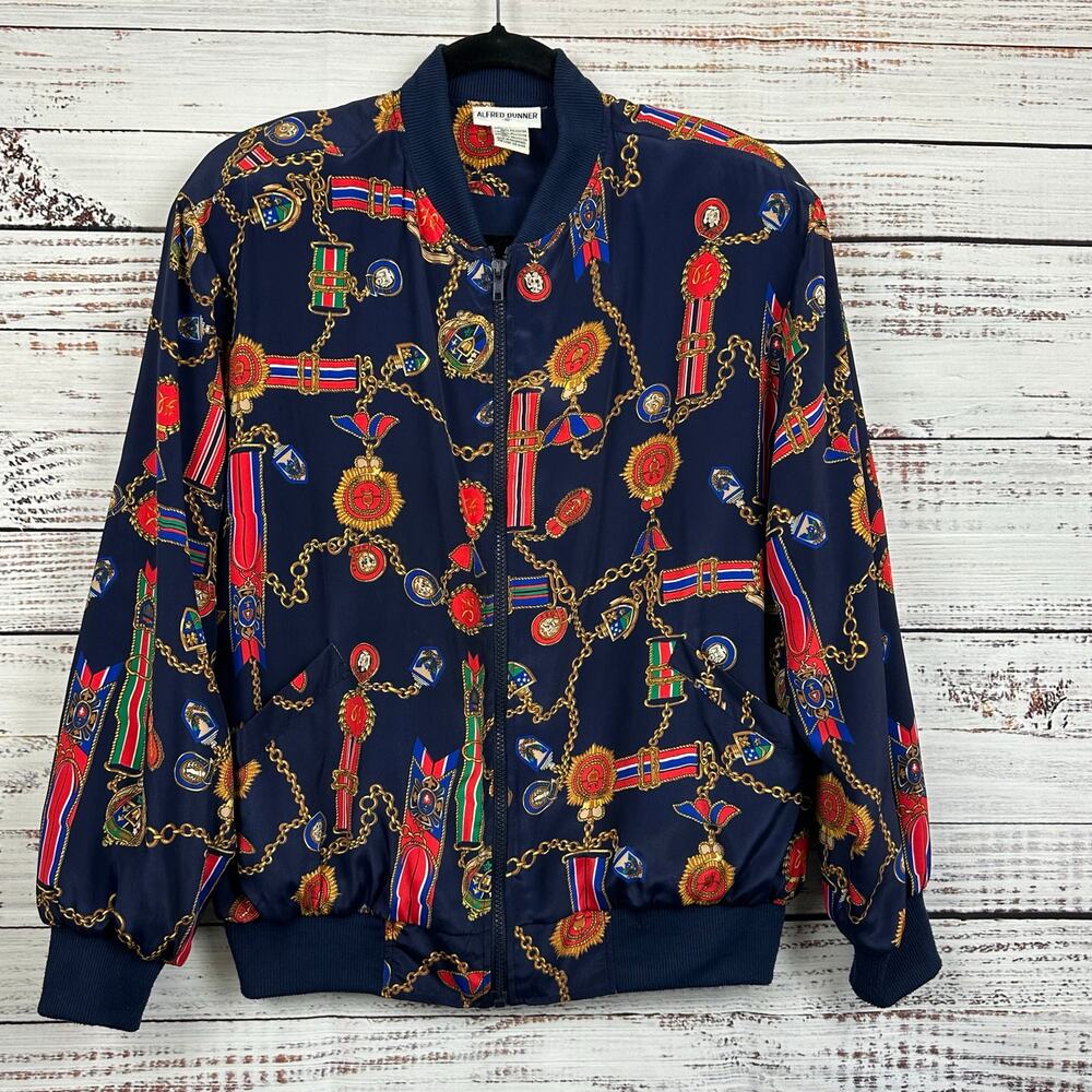 Women's VTG Alfred Dunner Satin Navy Gold Chain Print Full Zip Bomber Jacket 10